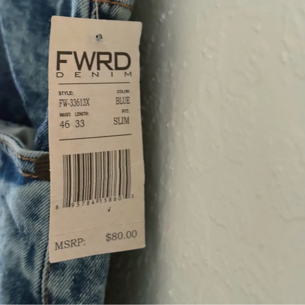 NEW‎ FWRD Denim & Co. Mens Blue Slim Fit Jeans Distressed 46x33 Graffiti Sayings